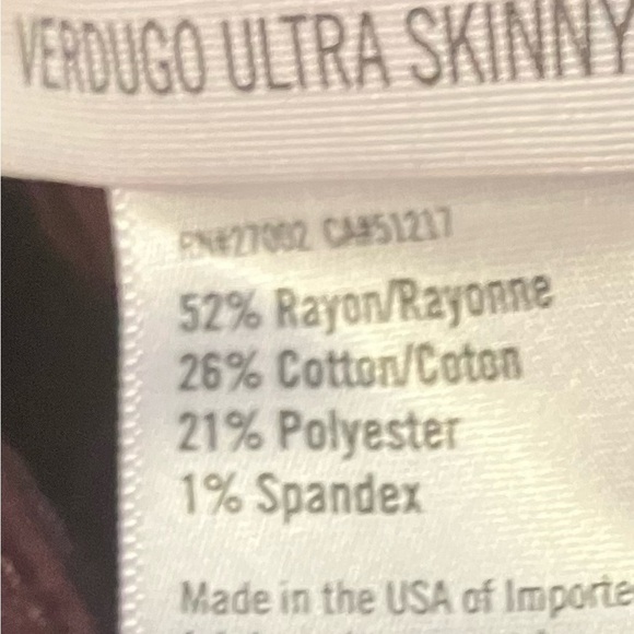 PAIGE Ultra Skinny Rayon Blend Verdugo Oxblood Burgundy Coated Sheen Sz 26 - Picture 2 of 10